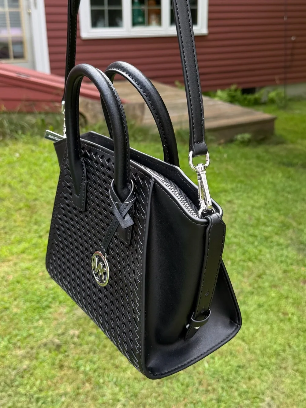 Michael Kors Avril Small Woven Satchel Crossbody Black NWT